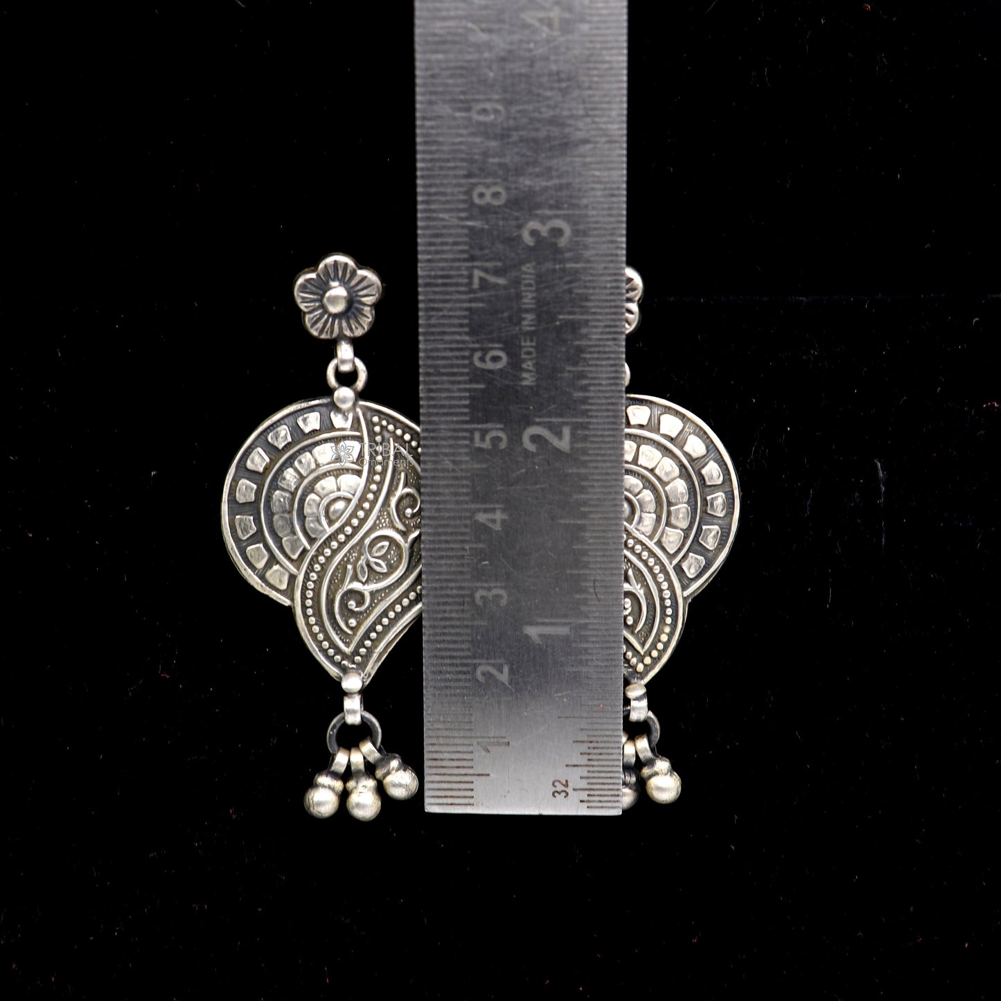 Sterling silver floral drop dangle earring by Tribal Ornaments, handmade vintage design, stylish jewelry for gifting or personal wear