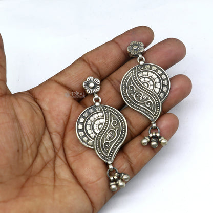 925 Sterling silver floral drop dangle earring by TRIBAL ORNAMENTS, handmade vintage jewelry with intricate floral design.