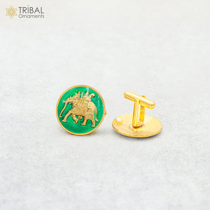 Sterling silver handmade elephant design cufflinks with gold polish, set of two, for men's coats or suits, featuring tribal ornament style.