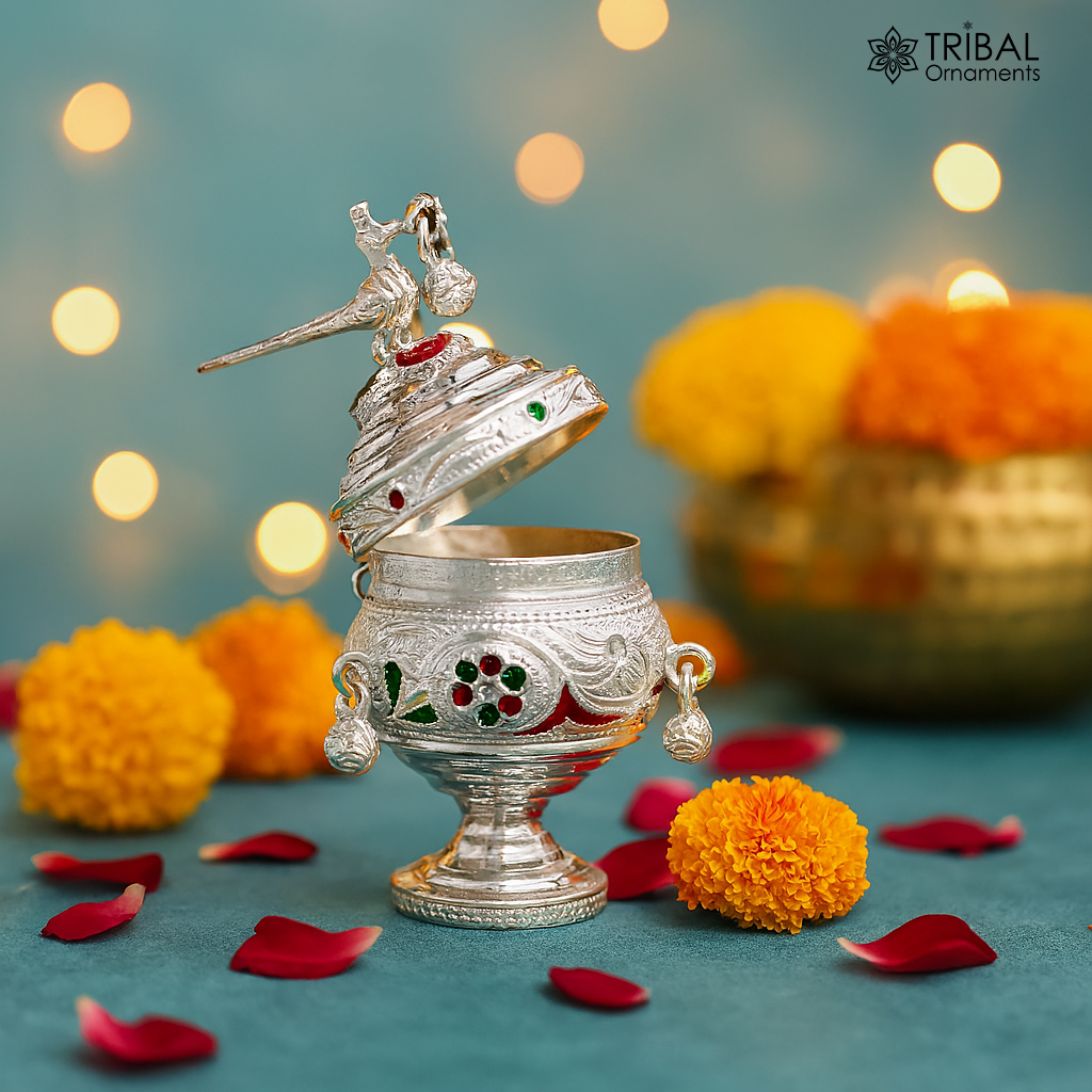 925 sterling silver handmade enamel design vintage trinket box Krishna Prasadam serving box , brides accessories, kumkum sindur box stb158 - TRIBAL ORNAMENTS