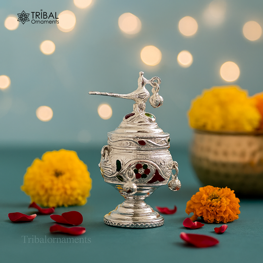 925 sterling silver handmade enamel design vintage trinket box Krishna Prasadam serving box , brides accessories, kumkum sindur box stb159 - TRIBAL ORNAMENTS