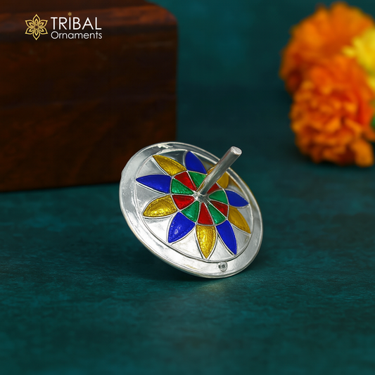 925 sterling silver handmade enamel work Firki or Lattu toy , best silver toy for your  baby Krishna idols, best silver article india su1153 - TRIBAL ORNAMENTS