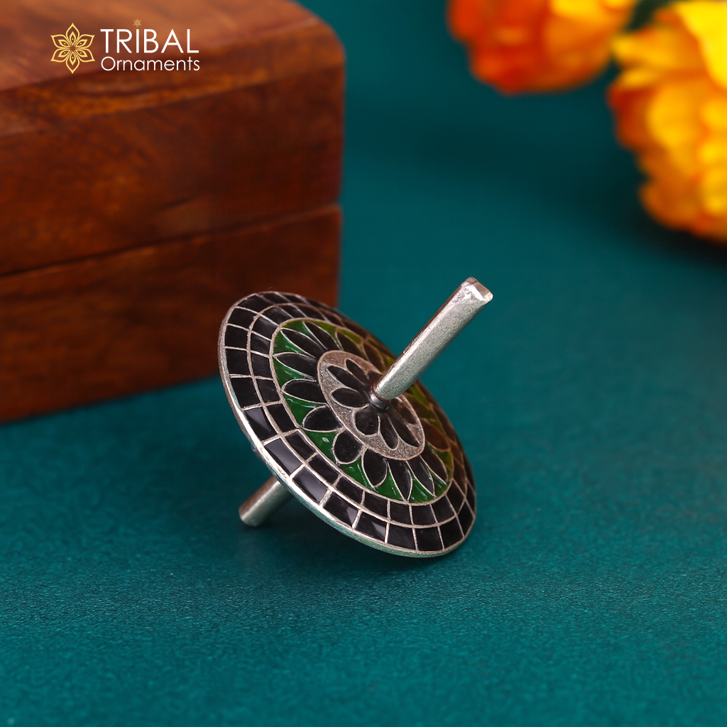 925 sterling silver handmade enamel work Firki or Lattu toy , best silver toy for your  baby Krishna idols, best silver article india su1156 - TRIBAL ORNAMENTS