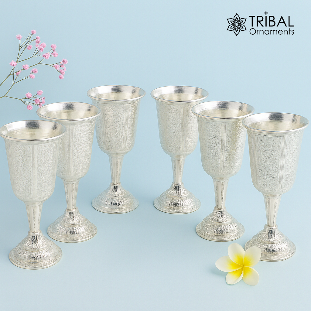 Set of 6 handmade 925 sterling silver engraved floral wine glasses by TRIBAL ORNAMENTS, elegant silver drinkware for gifting