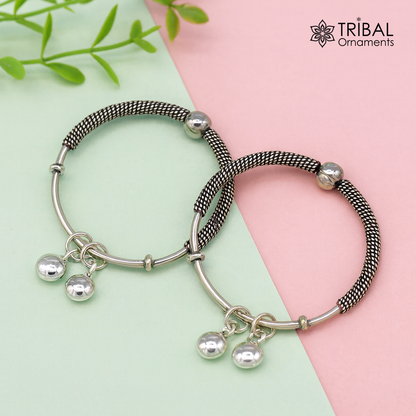 Sterling silver vintage design adjustable baby bangle with charms, handmade tribal ornaments jewelry for newborns and kids.