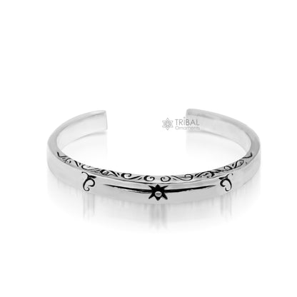 Sterling silver vintage design cuff bracelet by TRIBAL ORNAMENTS, unisex stylish jewelry bangle with intricate handmade details.