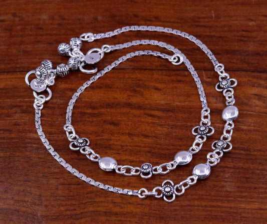 Handmade 925 sterling silver charm anklet, 10.5 inches long, tribal-inspired foot bracelet, perfect for bridesmaids or belly dance jewelry.