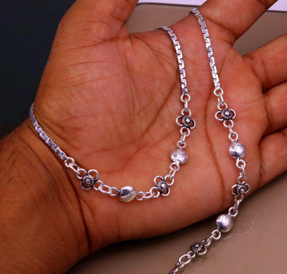 Sterling silver handmade charm anklet, 10.5 inches long, featuring intricate designs, perfect as belly dance or bridesmaids gift jewelry.