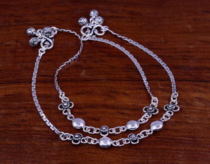 Sterling silver handmade charm anklet, 10.5 inches long, featuring intricate designs, perfect as belly dance or bridesmaids jewelry.