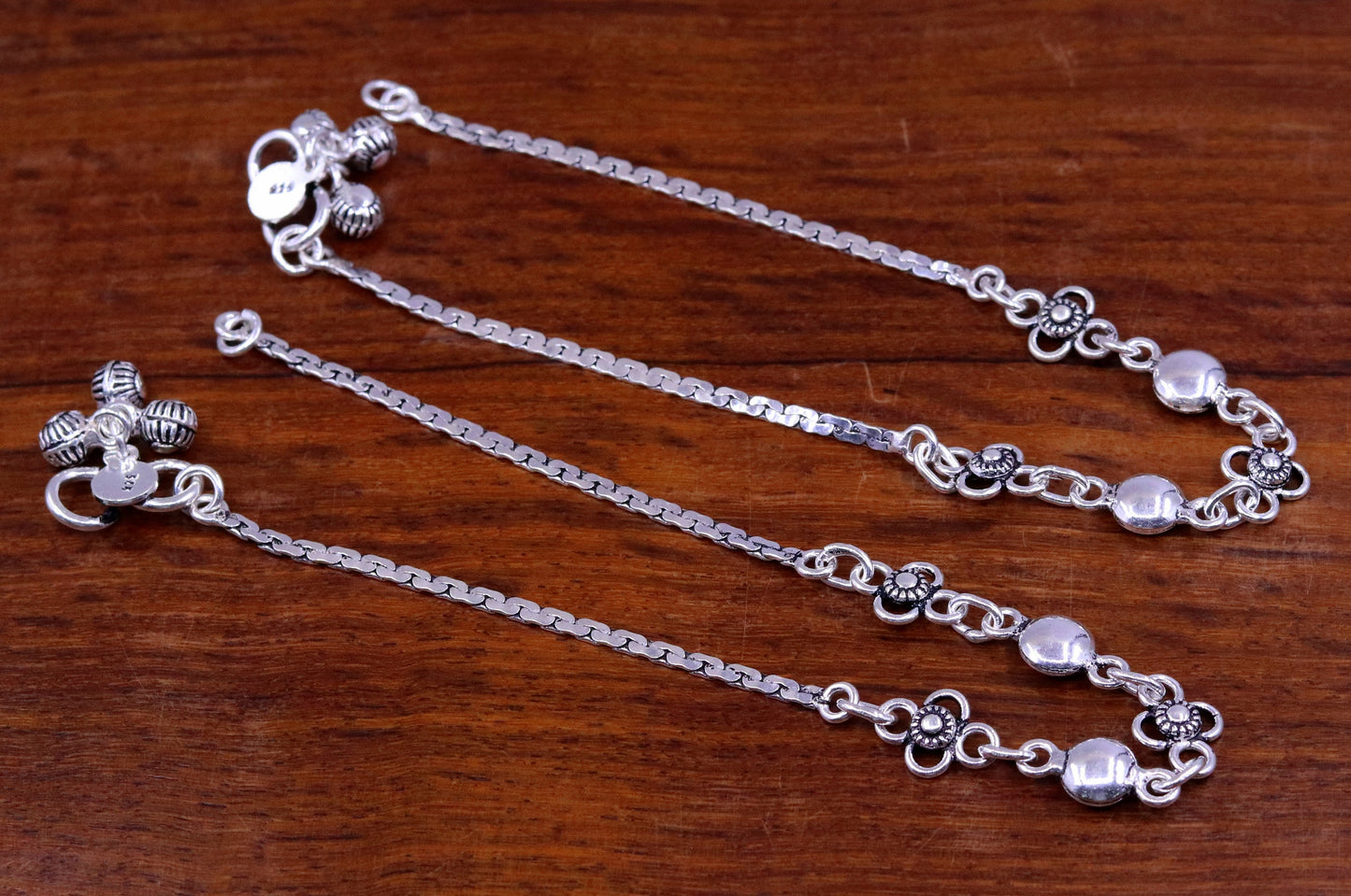 Sterling silver handmade charm anklet, 10.5 inches long, featuring tribal designs, perfect as foot jewelry or bridesmaids gift.