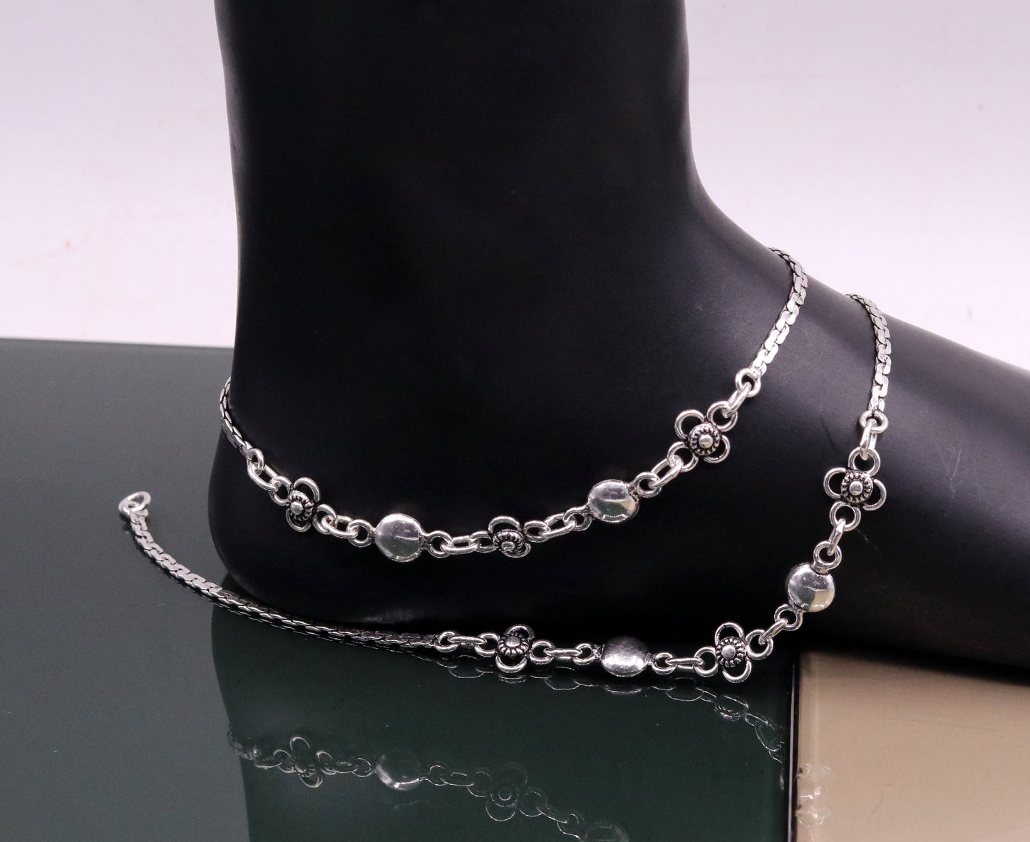 Sterling silver handmade charm anklet, 10.5 inches long, with intricate tribal design, perfect as belly dance or bridesmaids jewelry.