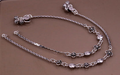 Sterling silver handmade charm anklet, 10.5 inches long, foot bracelet with intricate tribal design, perfect for bridesmaids or belly dance jewelry.