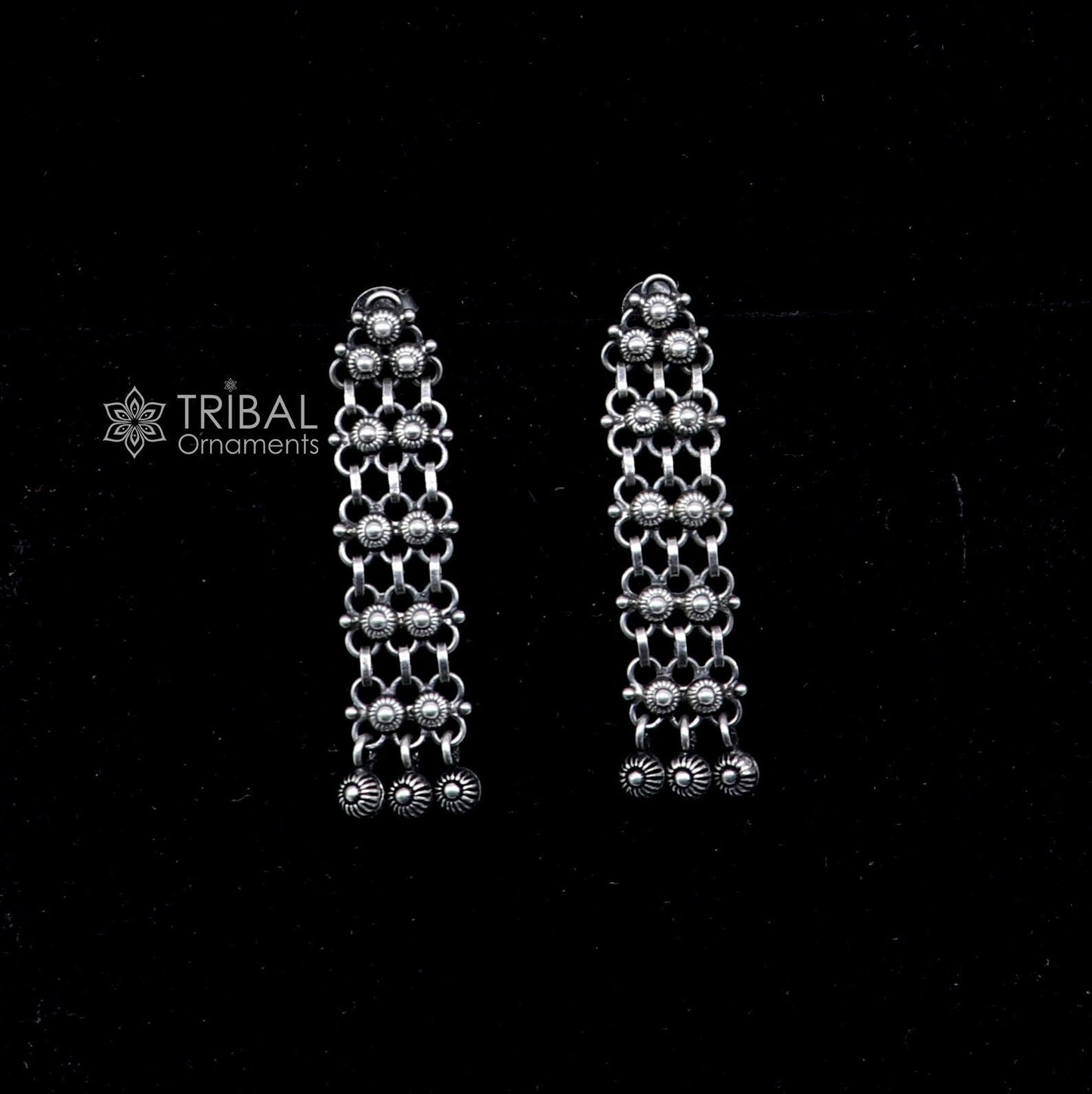 925 sterling silver drop dangling hoops earring by TRIBAL ORNAMENTS, stylish handmade long earrings for brides and wedding gift.
