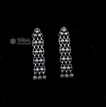 925 sterling silver drop dangling hoops earring by TRIBAL ORNAMENTS, stylish handmade long earrings for brides and wedding gift.