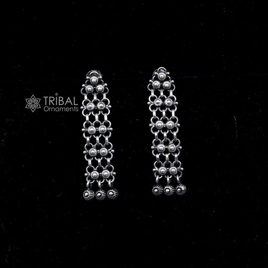 925 sterling silver drop dangling hoops earring by TRIBAL ORNAMENTS, stylish handmade long earrings for brides and wedding gift.