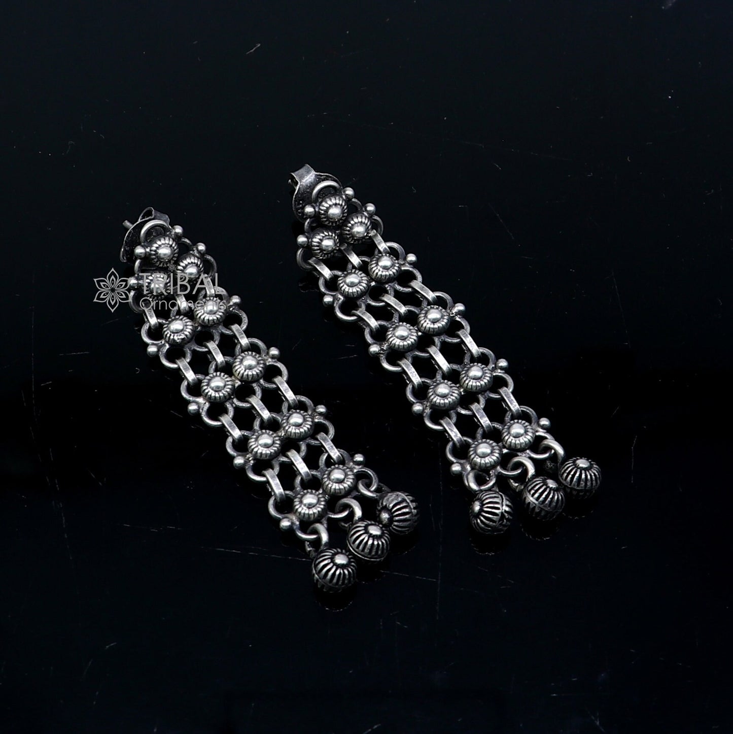 Sterling silver drop hoop earrings by Tribal Ornaments, stylish handmade personalized earrings for brides or wedding gift.
