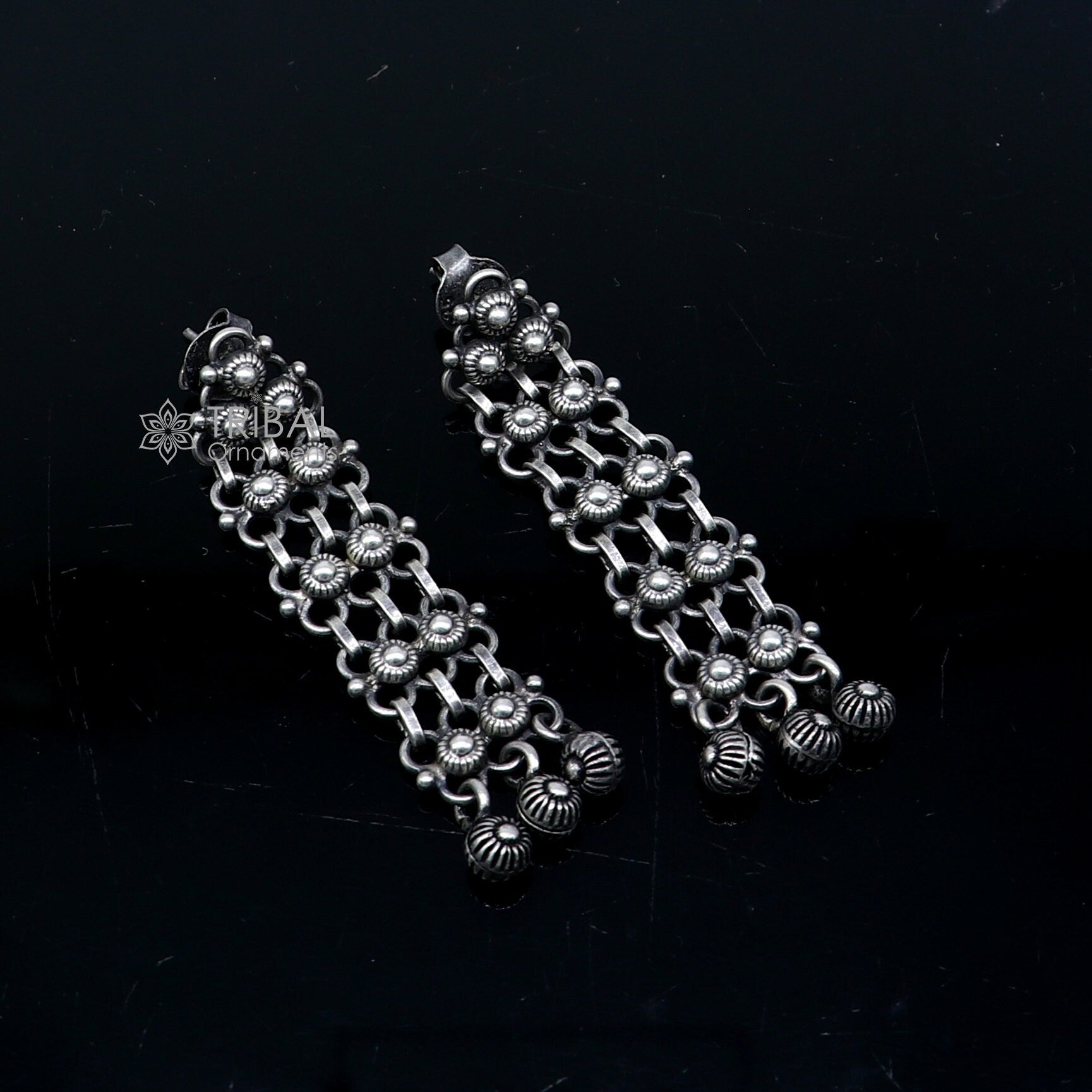 Sterling silver drop hoop earrings by Tribal Ornaments, stylish handmade personalized earrings for brides or wedding gift.
