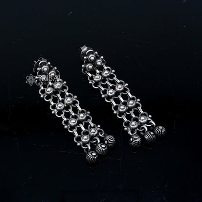 Sterling silver drop hoop earrings by Tribal Ornaments, stylish handmade personalized earrings for brides or wedding gift.