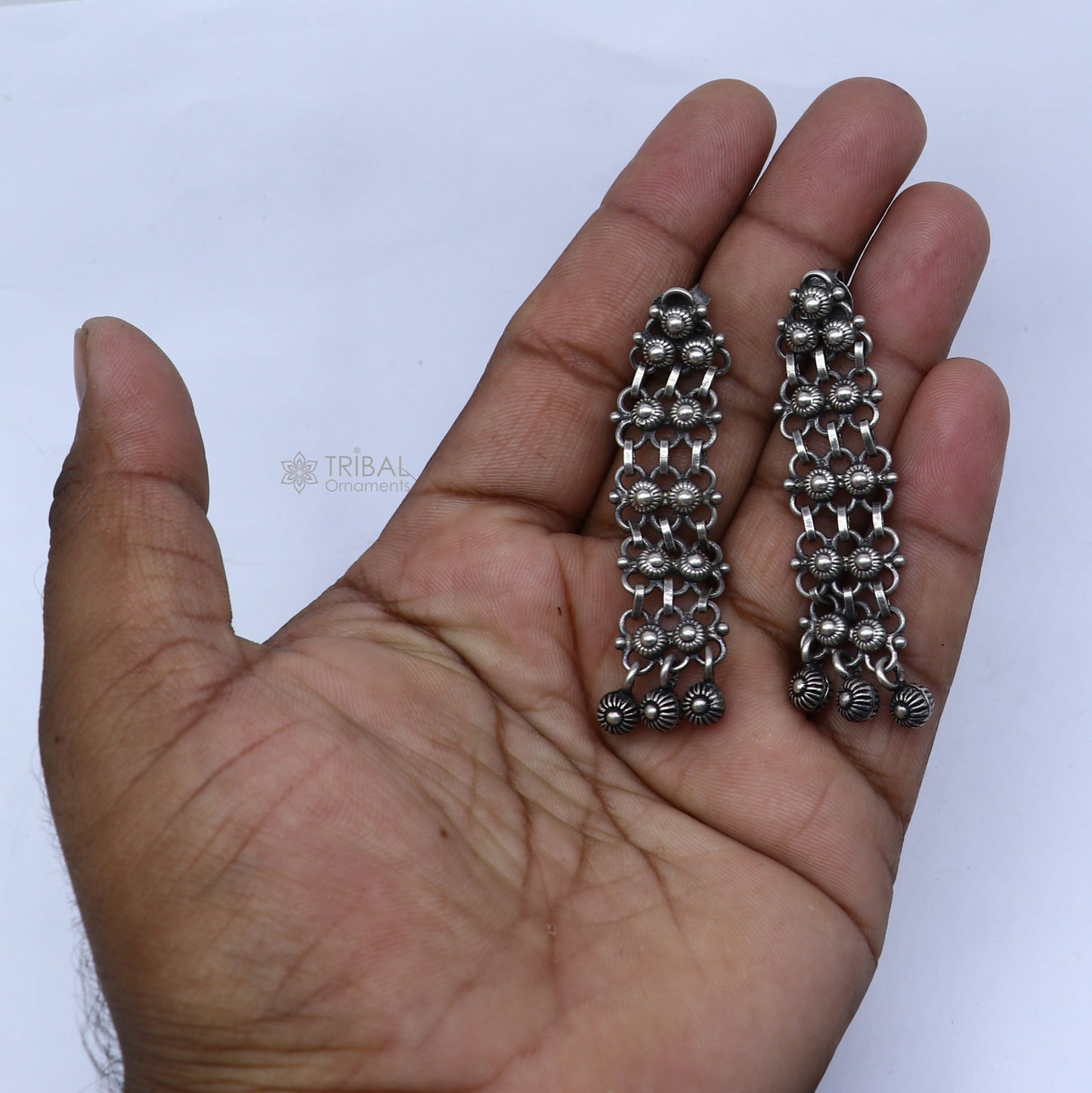 Sterling silver drop dangling hoops earrings by TRIBAL ORNAMENTS, stylish handcrafted personalized jewelry for brides and special occasions.