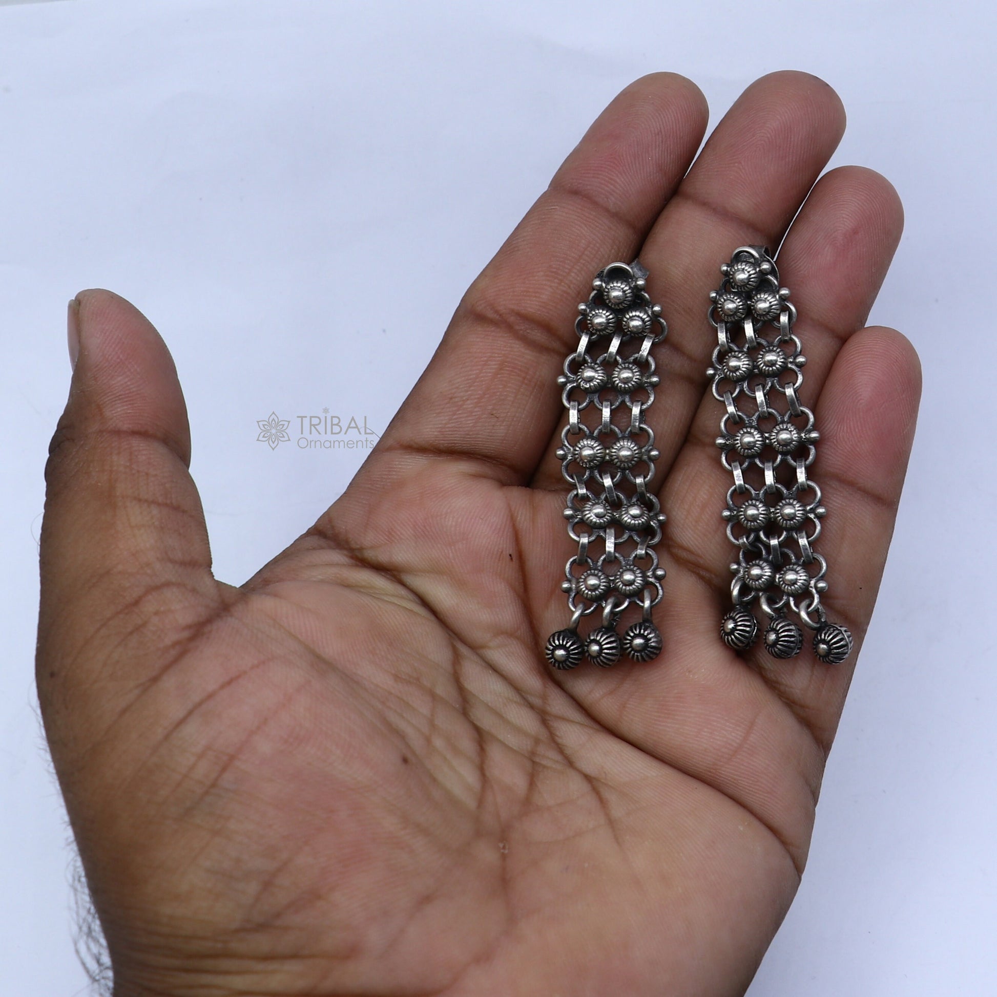 Sterling silver drop dangling hoops earrings by TRIBAL ORNAMENTS, stylish handcrafted personalized jewelry for brides and special occasions.