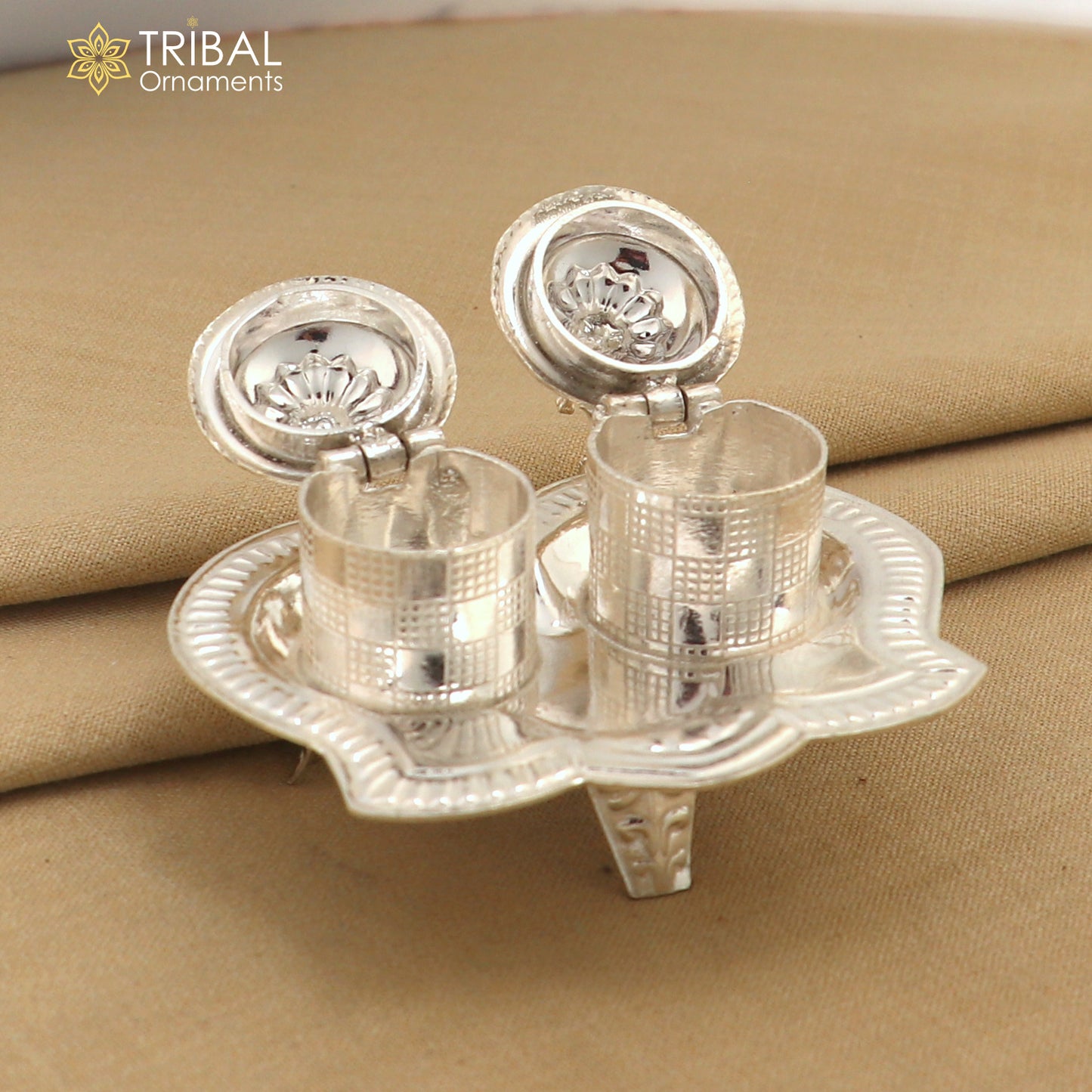 925 sterling silver handmade fabulous peacock design combo of two trinket box for kumkum sindur abil gulal rice best puja article stb826 - TRIBAL ORNAMENTS