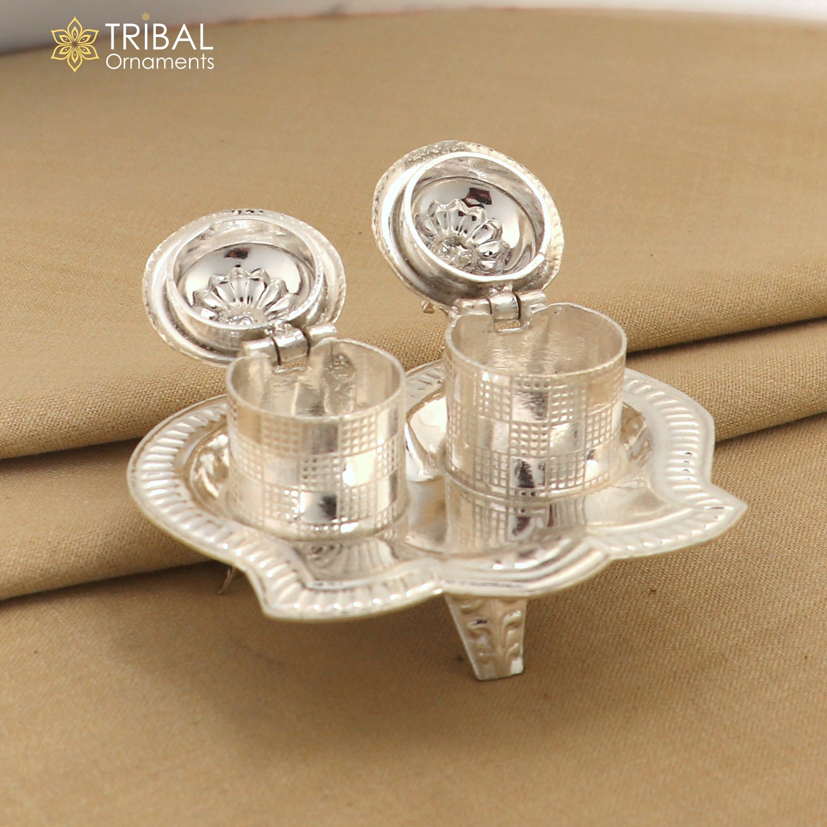 925 sterling silver handmade fabulous peacock design combo of two trinket box for kumkum sindur abil gulal rice best puja article stb826 - TRIBAL ORNAMENTS