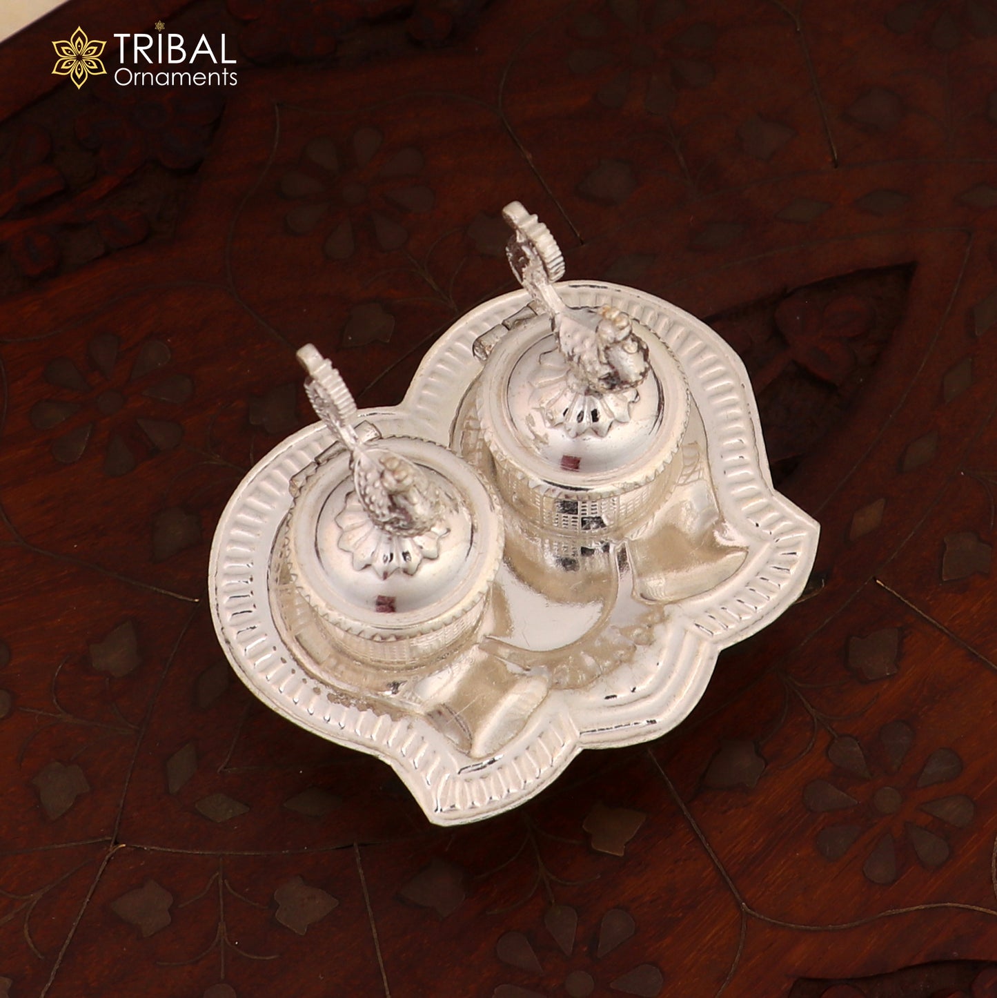 925 sterling silver handmade fabulous peacock design combo of two trinket box for kumkum sindur abil gulal rice best puja article stb826 - TRIBAL ORNAMENTS