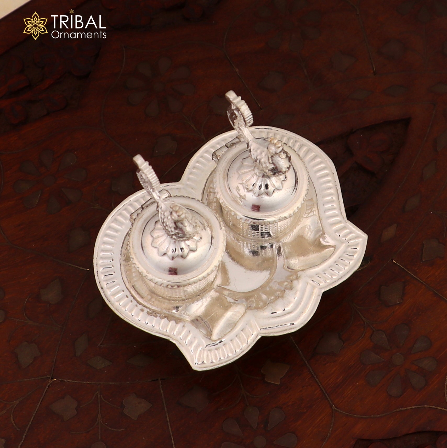 925 sterling silver handmade fabulous peacock design combo of two trinket box for kumkum sindur abil gulal rice best puja article stb826 - TRIBAL ORNAMENTS