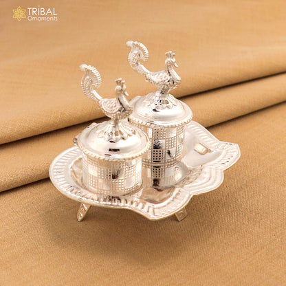 925 sterling silver handmade fabulous peacock design combo of two trinket box for kumkum sindur abil gulal rice best puja article stb826 - TRIBAL ORNAMENTS