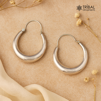 925 sterling silver handmade fabulous plain shining hoops earrings kundal unisex tribal bell dance jewelry from india s575 - TRIBAL ORNAMENTS
