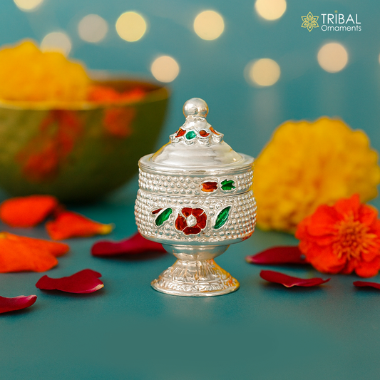 925 Sterling silver handmade fabulous trinket box, solid container box, casket box, sindoor box, enamel work customized gifting box stb91 - TRIBAL ORNAMENTS