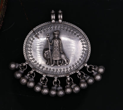 925 sterling silver handmade fabulous vintage tribal design deity pendant necklace from Rajasthan India with bells tribal jewelry nsp238 - TRIBAL ORNAMENTS