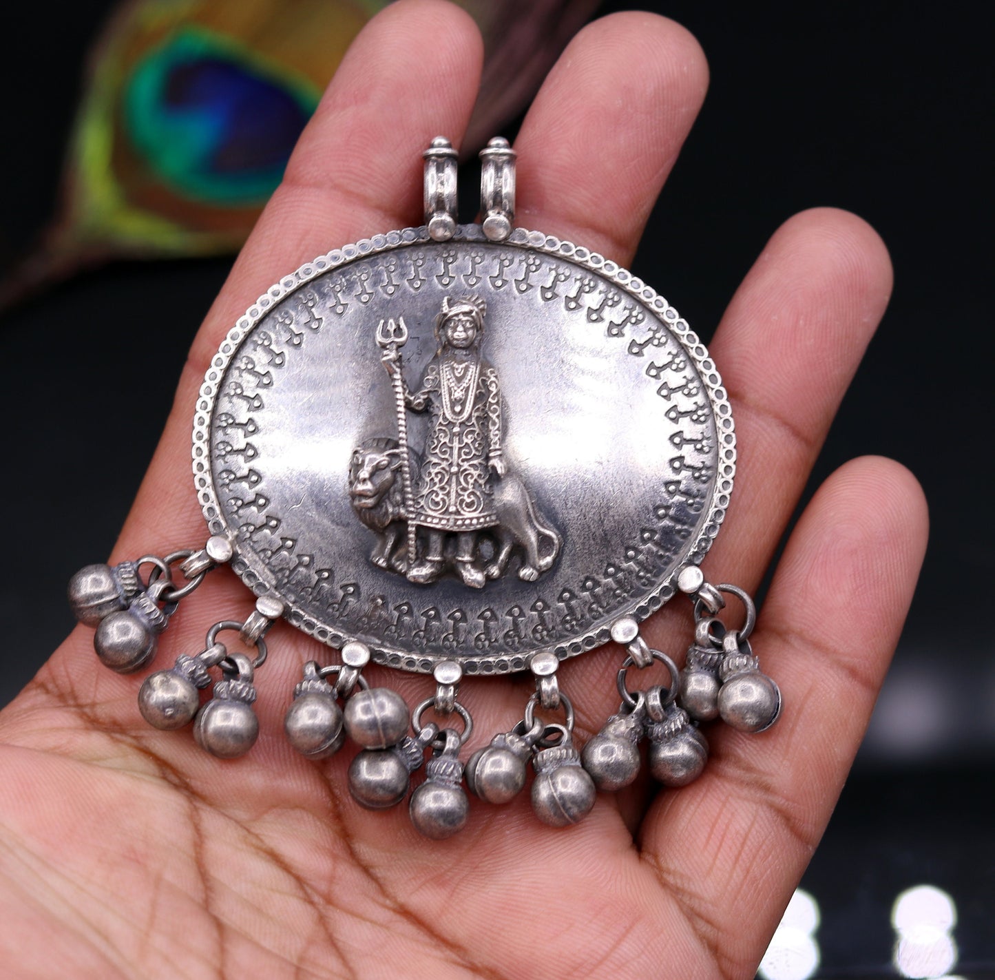 925 sterling silver handmade fabulous vintage tribal design deity pendant necklace from Rajasthan India with bells tribal jewelry nsp238 - TRIBAL ORNAMENTS