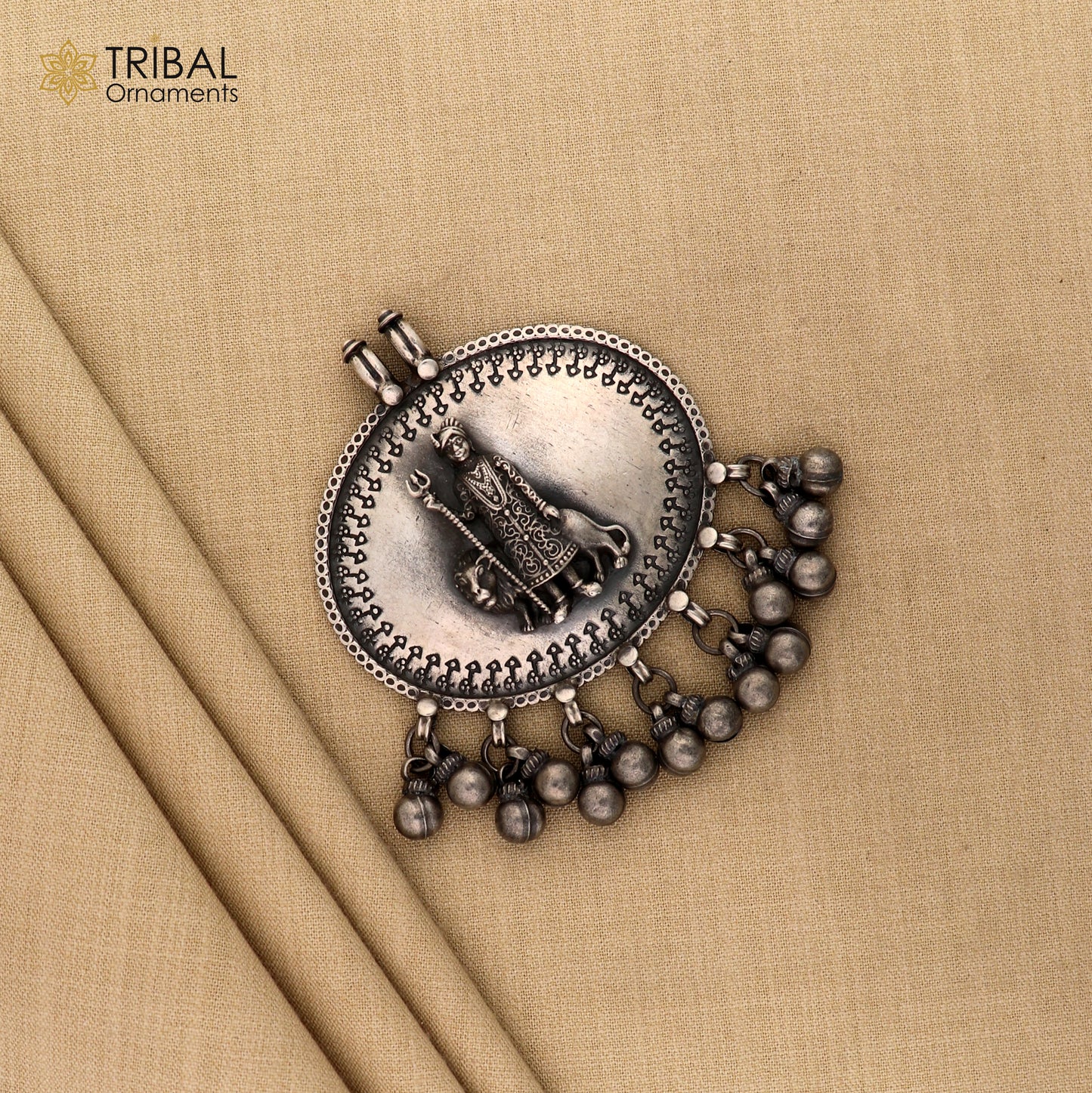 925 sterling silver handmade fabulous vintage tribal design deity pendant necklace from Rajasthan India with bells tribal jewelry nsp238 - TRIBAL ORNAMENTS