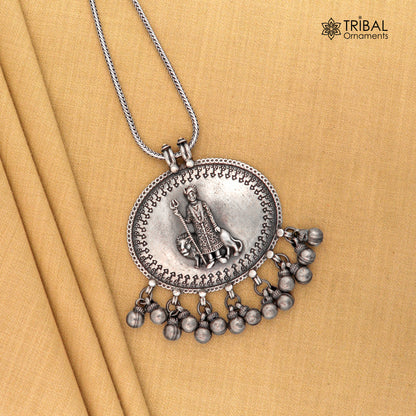 925 sterling silver handmade fabulous vintage tribal design deity pendant necklace from Rajasthan India with bells tribal jewelry nsp238 - TRIBAL ORNAMENTS