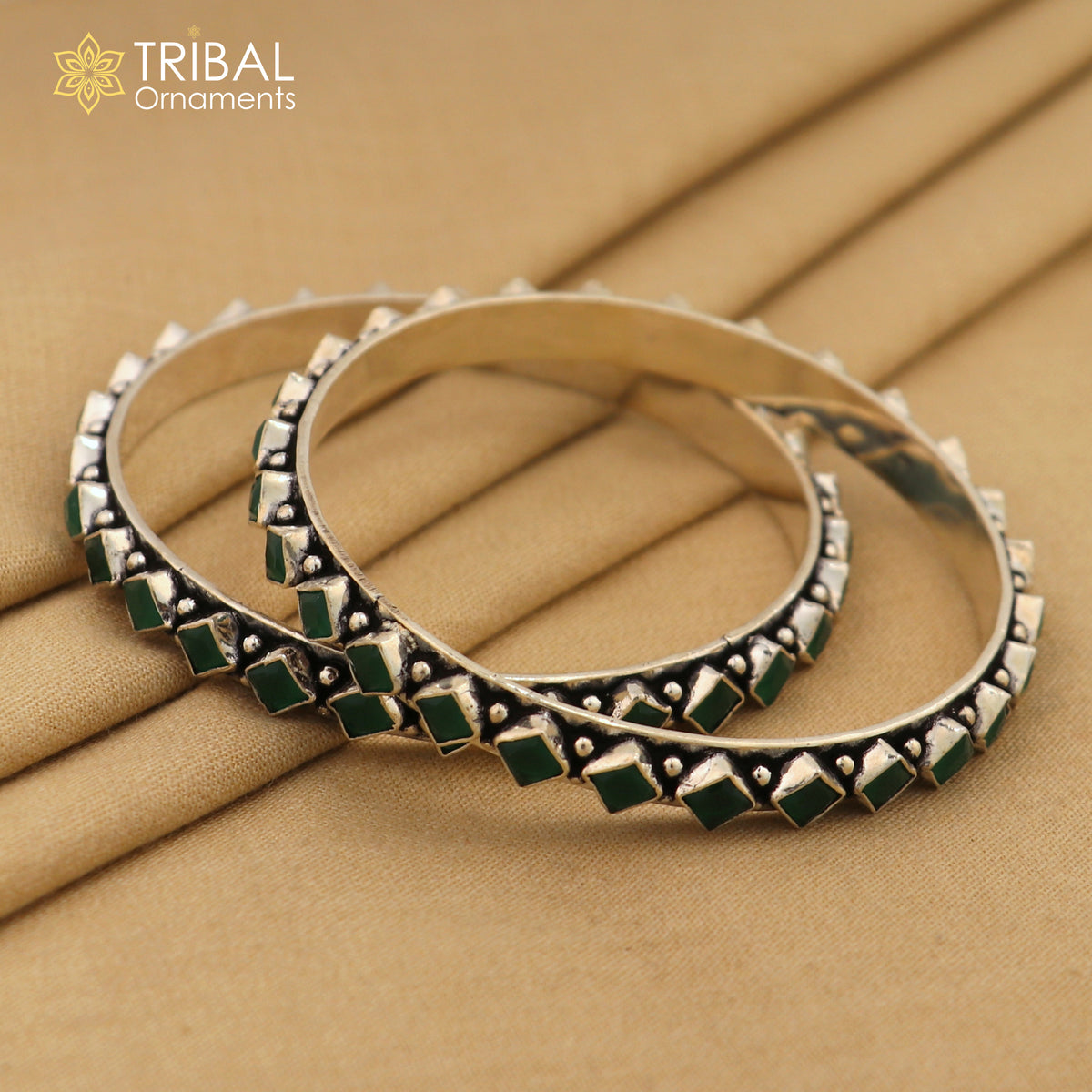 Handmade 925 sterling silver tribal bangle bracelet with vibrant green stone, featuring fashionable ethnic tribal jewelry design for women.