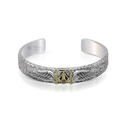 925 sterling silver Lord Tirupati Balaji feather design adjustable bangle cuff bracelet, unisex handmade jewelry by Tribal Ornaments