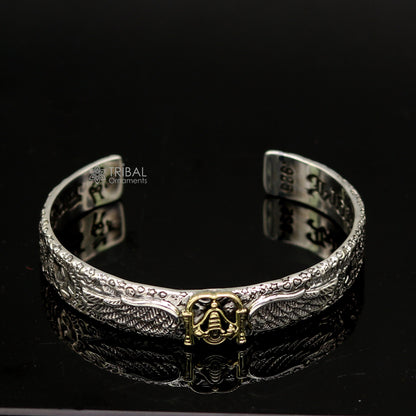 Sterling silver feather design Lord Tirupati Balaji adjustable bangle cuff bracelet, unisex handmade jewelry by Tribal Ornaments.