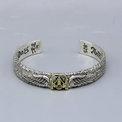 Sterling silver feather design Lord Tirupati Balaji adjustable bangle cuff bracelet, unisex handmade jewelry by Tribal Ornaments.