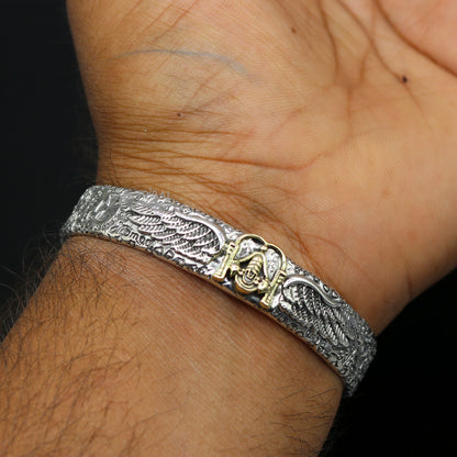 Sterling silver Feather design Lord Tirupati Balaji adjustable bangle cuff bracelet, unisex handmade jewelry from Tribal Ornaments.