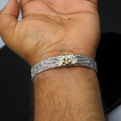 Sterling silver feather design Lord Tirupati Balaji adjustable bangle cuff bracelet, unisex jewelry, handmade tribal ornament.