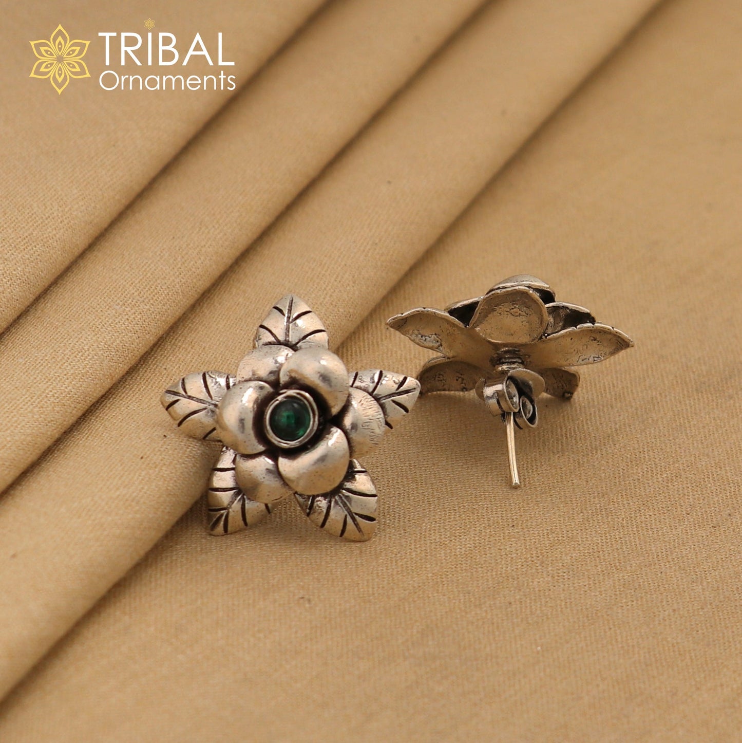 925 sterling silver handmade floral design Stud earring with green stone fancy girl's earring brides jewelry from india S1253 - TRIBAL ORNAMENTS