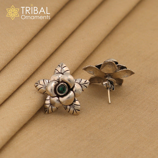 925 sterling silver handmade floral design Stud earring with green stone fancy girl's earring brides jewelry from india S1253 - TRIBAL ORNAMENTS