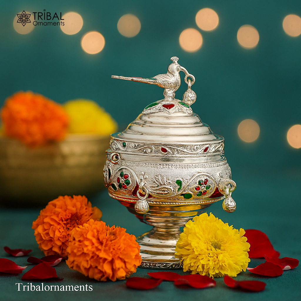 925 sterling silver handmade flower work enamel design vintage trinket box, brides accessories, kumkum sindur box, idols prasad box stb156 - TRIBAL ORNAMENTS