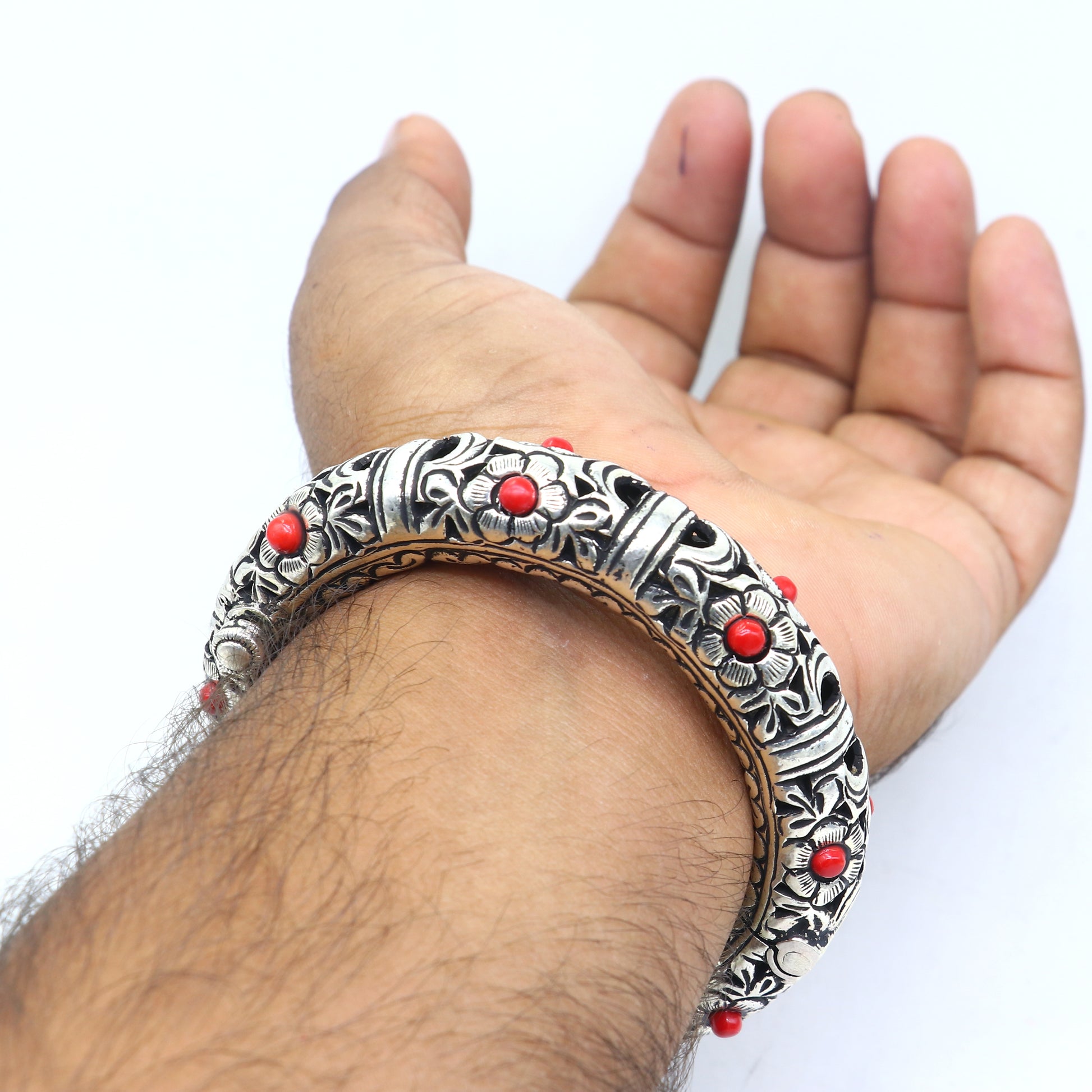 925 sterling silver handmade flower work vintage chitai work design bangle bracelet kada, unisex customized personalized  jewelry nsk849 - TRIBAL ORNAMENTS