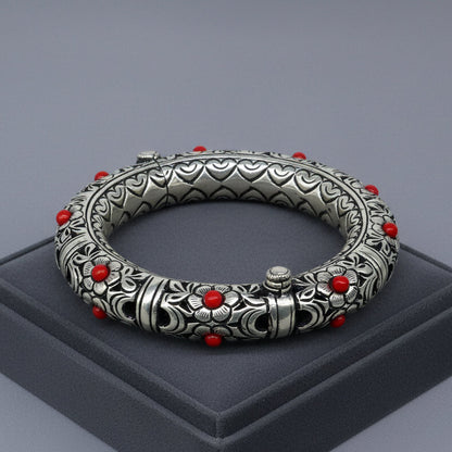 925 sterling silver handmade flower work vintage chitai work design bangle bracelet kada, unisex customized personalized  jewelry nsk849 - TRIBAL ORNAMENTS