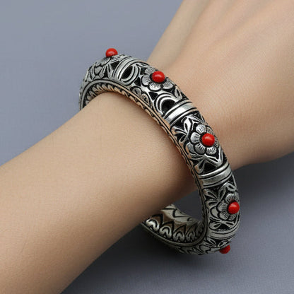 925 sterling silver handmade flower work vintage chitai work design bangle bracelet kada, unisex customized personalized  jewelry nsk849 - TRIBAL ORNAMENTS