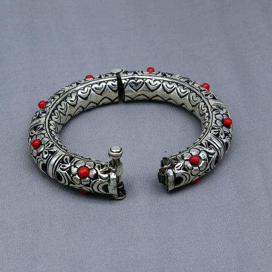 925 sterling silver handmade flower work vintage chitai work design bangle bracelet kada, unisex customized personalized  jewelry nsk849 - TRIBAL ORNAMENTS