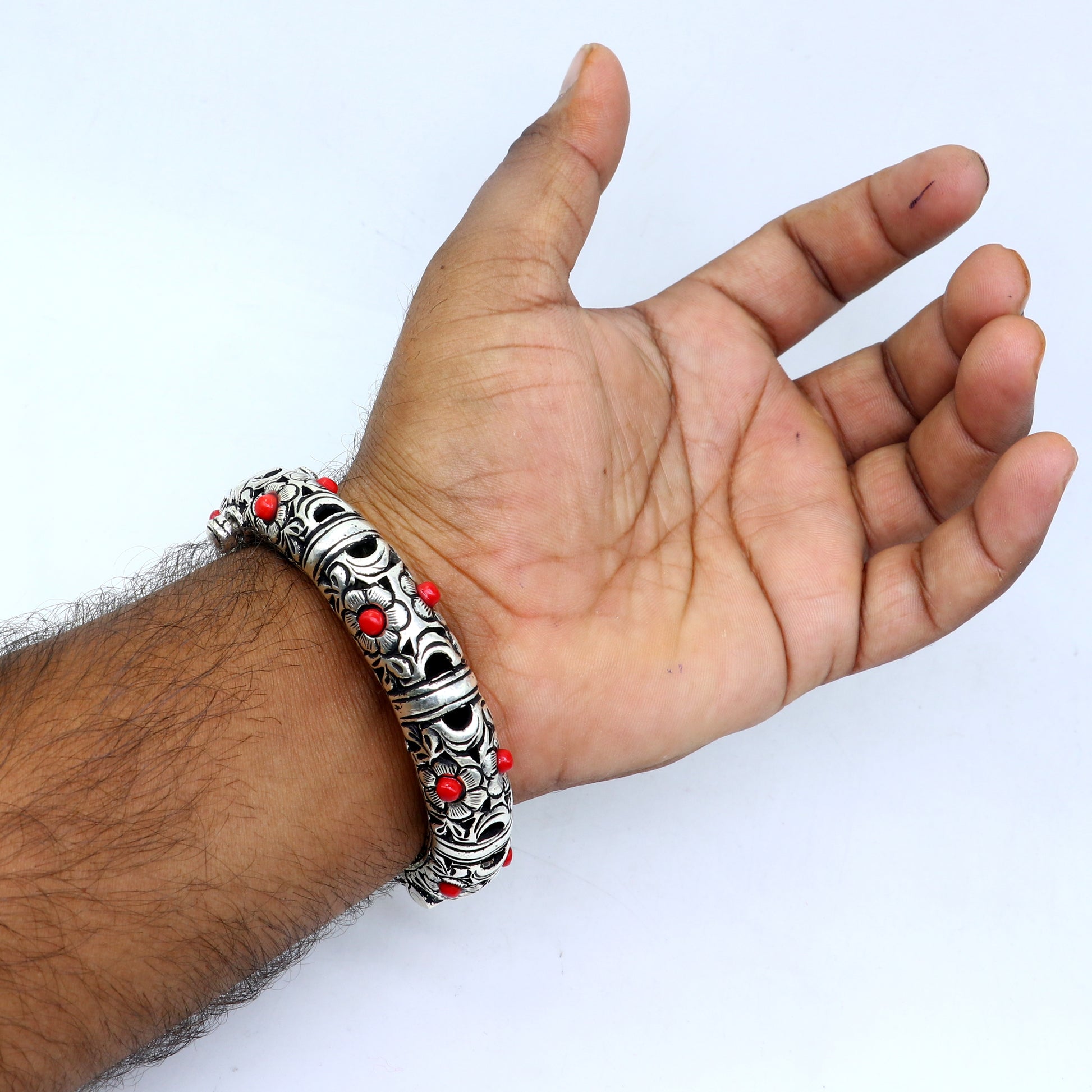 925 sterling silver handmade flower work vintage chitai work design bangle bracelet kada, unisex customized personalized  jewelry nsk849 - TRIBAL ORNAMENTS