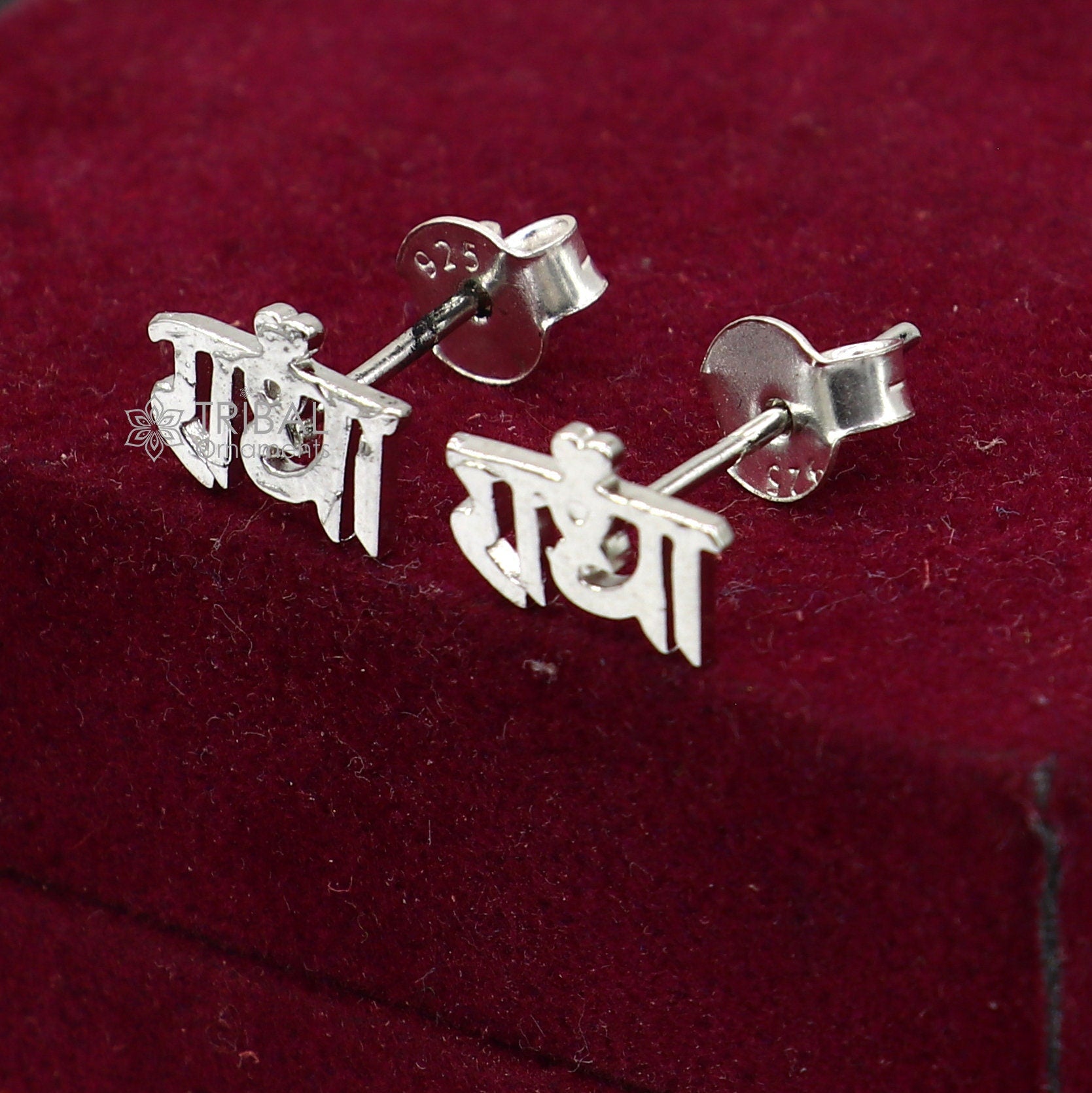 925 Sterling silver handmade goddess Radha stud earring, unisex cultural jewelry with divine design, solid silver craftsmanship.